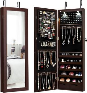 COSTWAY LED Schmuckschrank mit Ganzkörperspiegel Schmuckregal Tür- und Wandmontage hängender Schmuck Braun