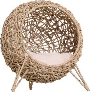 PawHut Katzenhaus aus Rattan mit Kissen Katzenschlafplatz Katzenhöhle mit erhöhten Füßen Natur Ø52 x 58 cm