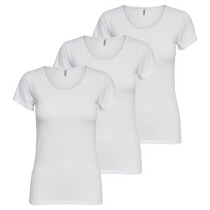 ONLY 3er Pack Damen T-Shirt Kurzarm lang Basic T-Shirts XS S M L XL 15255444, Größe:XS, Farbe:White