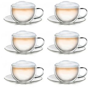 Creano Thermo-Tasse doppelwandige Tee-/Latte Macchiato Cappuccino Tasse mit Untersetzer 250ml, 6er Set