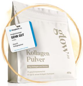 Glow25® Collagen Pulver [450g] - Das Original - Bioaktives Kollagen Hydrolysat - Peptide Typ 1 und 3 - Perfekte Löslichkeit - Natur