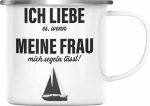 Trendation - Segeln Geschenk Emaille Tasse Segler Geschenkidee Segelmboot Kapitän Emaille Emaille Tasse Kaffeebecher (Silber)