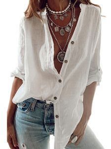 Damen lässig V-Ausschnitt Bluse Langarm geknöpft Hemd plus Größe,Farbe: Weiß,Größe:XL