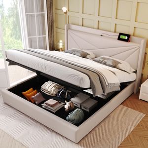 Flieks Čalouněná postel 140x200 cm s USB a Type-C, Boxspring postel s lamelovým rámem, úložný prostor Postel pro mladé Manželská postel s úložným prostorem, povlečení, béžová barva
