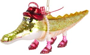 BRUBAKER Lustiges Krokodil mit Hut und Schuhen - Handbemalte Weihnachtskugel aus Glas - Christbaumschmuck Figuren Deko Anhänger Baumkugel - 20 cm