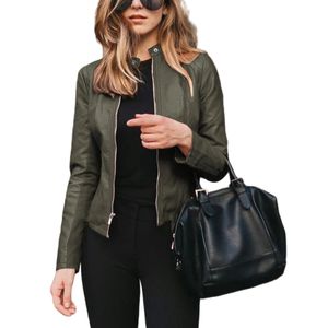 Damen Lederjacken Klassische Jacken Kunstleder mit Reißverschluss Kurzer Bikerjacke dunkelgrün,Größe EU L