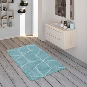 Badematte Mit Rauten-Muster, Kurzflor-Teppich Für Badezimmer In Türkis Weiß Grösse 70x120 cm