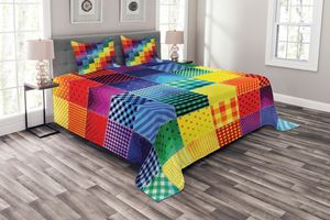 ABAKUHAUS Patchwork Tagesdecke Set, Regenbogen-Retro Patchwork, Set mit Kissenbezügen Waschbar, für Einselbetten 264 x 220 cm, Mehrfarbig