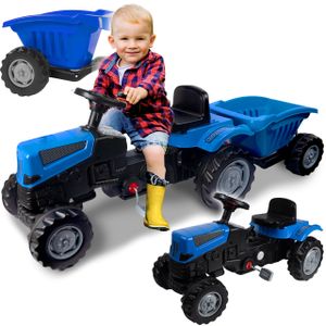 MalPlay Pilsan Großer Traktor mit Anhänger, Tretfahrzeug XXL Blau, Spielfahrzeug bis 50 kg, Präzisionskettenantrieb und einstellbarer Sitz, Kinder ab 3 Jahren