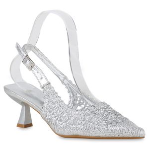 VAN HILL Damen Slingpumps Stiletto Spitze Party Elegante Schuhe 841175, Farbe: Silber, Größe: 37