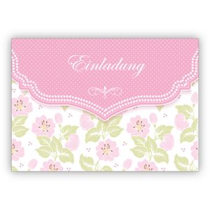 4x Schöne Einladungskarte mit zartem Blüten Muster in rosa zur Hochzeit, Taufe, Diner etc: Einladung