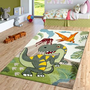 Kinderzimmer Kurzflor Teppich Dinosaurier Motiv Konturenschnitt Grün Modern Größe 80x150 cm