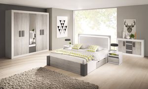 Schlafzimmer-Set Bettgestell Kleiderschrank Nachttisch Kommode Helios III (Weiß/Kathult+Grau)