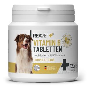 REAVET Vitamin B Komplex Hund 120 Tabs – Hochdosiert mit Vitamin B1, B2, B3, B5, B6, B7, B9, B12, Biotin und Folsäure für schönes Fell, Starke Nerven und Vitalität