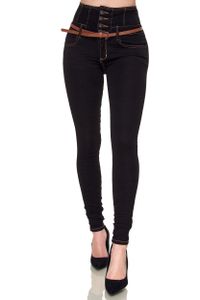 Elara Damen Jeans Skinny High Waist Hose mit Gürtel und Push Up Effekt 1578 Schwarz-48 (4XL)