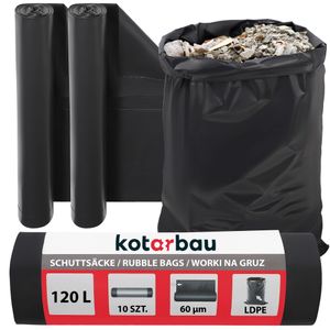 KOTARBAU® Zestaw 2 wytrzymałych worków na śmieci 120 L 60µm LDPE worki na gruz bardzo wytrzymałe duże worki na śmieci bardzo wytrzymałe 120 litrowe worki na śmieci duże wytrzymałe worki na gruz