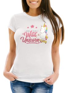 Damen Einhorn T-Shirt Born to be a wild unicorn Einhorn auf Skateboard Slim Fit Moonworks® weiß M