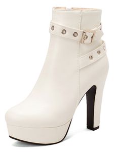 ABTEL Stiefel Damen Block Ferse Bootie Schuhe Party Spitze Zehen Reißverschluss Plattformstiefel,Farbe:Weiß,Größe:35