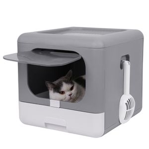 WISFOR Box na stelivo pro kočky s kapotou a dvojitými dvířky, uzavřený box na stelivo s víkem s lopatkou, skládací