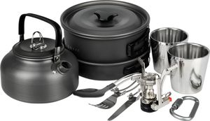 Camping Geschirr Set 10-teilig für 1-2 Personen - Kochgeschirr mit Topf Pfanne Kessel Becher Besteck und Zünder - Outdoor Kochset kompakt & leicht - Schwarz/Silber Camping Geschirr Set 10-teilig für 1-2 Personen - Kochgeschirr mit Topf Pfanne Kessel Becher Besteck und Zünder - Outdoor Kochset kompakt & leicht - Schwarz/Silber