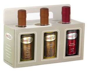 Geschenkbox 3x 0,35L Knoblauch Olivenöl / Pasta-Öl / Tomaten Balsam Essig - Spezialität 5% Säure Manufaktur Qualität
