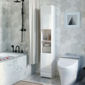 Mondeer Badezimmerschrank Hochschrank mit 2 Hochglanz Türen und 6 Trennwänden 30 x 30 x 183.5cm weiß Badschrank Badmöbel Badregal
