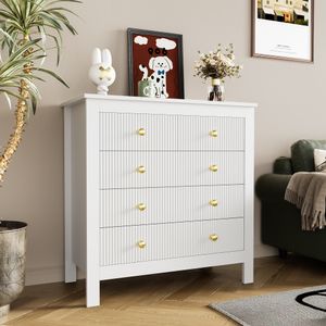 Merax Kommode mit 5 Schubladen, Sideboard mit goldenen Metallgriffe, Schubkastenkommode Wohnzimmerschrank Schuhschrank 79x80.5x39.5cm, Weiß