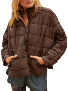 ASKSA Dámská lehká prošívaná bunda Teplá zimní bunda se zipem Ležérní outdoorová bunda, hnědá, L
