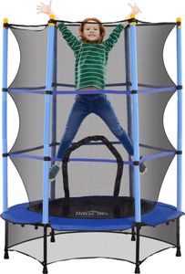 Trampolina dla dzieci HOMCOM Ø140 cm, trampolina z siatką zabezpieczającą, osłona krawędzi, trampolina ogrodowa dla dzieci 3-10 lat, maks. obciążenie 50 kg, niebieska