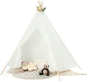 COSTWAY Spitzen-Tipi-Zelt, durchsichtiges Spitzen-Kinderzelt mit bunten Lichterketten, 5-seitiges großes Innen- & Außendach für Hochzeit, Picknick & Strand, Spielzelt für Kinder & Erwachsene, weiß