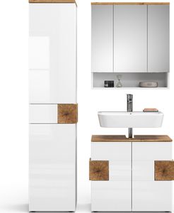 Vicco Badmöbel-Set Eden, 3 Teile, mit Hochschrank, Weiß Hochglanz/Artisan-Eiche