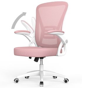 Bürostuhl – Ergonomischer Sitz – Sessel mit 90° klappbarer Armlehne – Lordosenstütze – höhenverstellbar - Rosa