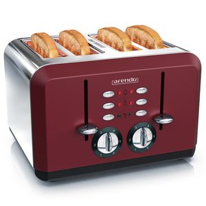 Arendo Toaster 4-Schlitz im Edelstahlgehäuse für 4 Scheiben, extrabreite Röstschlitze, leichte Reinigung, Rot