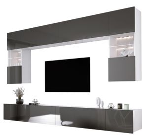 Obývací stěna bílá matná/šedá vysoce lesklá mediální stěna, Nábytek do obývacího pokoje