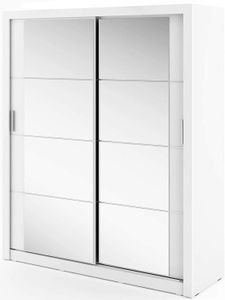 Furniture24 Schwebetürenschrank Kleiderschrank AR-03 ARTI Garderobenschrank Schrank Schiebetür Schiebeschrank mit Spiegel, 2 Kleiderstangen, 5 Einlegeboden Weiß Matt, 180 cm breit