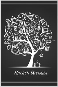 Wallario Wandbild Kitchen Utensils - Baum aus Küchenutensilien in schwarz weiß, Größe: 61 x 91,50 cm, Poster mit weißem Aluminiumrahmen