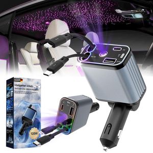 Zigarettenanzünder-Verteiler 120W Zigarettenanzünder,4 in 1 Einziehbares Auto Ladegerät Adapter,USB C Schnellladegerät,Sternenhimmel-Licht-Effekt