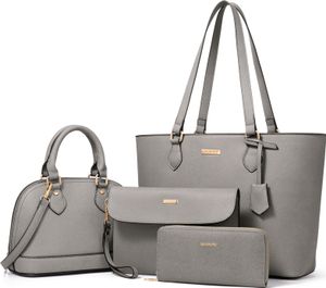 MODFU 4 tlg Umhängetasche Schultertasche mit Reißverschlüsse Shopper Tasche ,Handtasche Groß Schultertasche Kunstleder, Grau