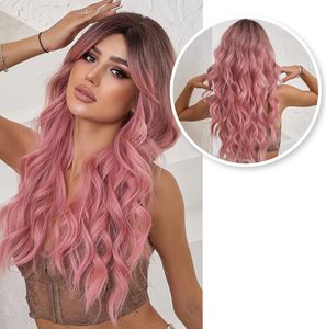 Rosa Perücke Frau - Langes gewelltes Haar - Balayage - Damenperücken - Perücken - Waschbar - Kämmbar - Hochwertig - Perücken Damen - 70 cm