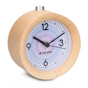 Navaris Analog Holz Wecker mit Snooze - Retro Uhr Rund mit Design Ziffernblatt Alarm Licht - Leise Tischuhr Ohne Ticken - Naturholz in Hellbraun