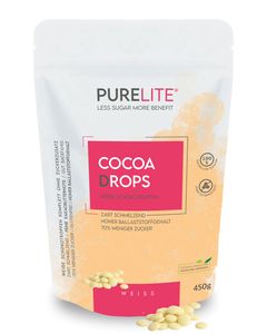 PURELITE Cocoa Drops 450g, zuckerreduzierte/zuckerfreie Schokodrops/Schokolade ohne Zuckerzusatz mit Erythrit & Stevia ohne Nachgeschmack, weiss