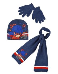 Miraculous Ladybug Mädchen Winter Strick Set 3 tlg. Mütze + Handschuhe + Schal blau 54