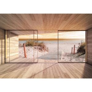 Fototapete Strand Tapete Holz Raum Ausblick Strand Meer Wasser Steg beige | no. 1893, Größe:312x219 cm, Material:Fototapete Vlies - PREMIUM PLUS