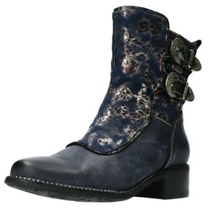 Laura Vita Damen Stiefelette Leder Cowboy Zierschnallen Blockabsatz Emcmao 61, Größe:40 EU, Farbe:Schwarz