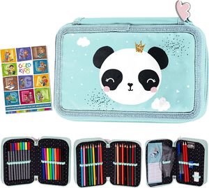 Federmappe Federtasche Panda 3-fache Federmäppchen 45-teilig gefüllte Schüleretui Stifte und Pinsel inkl. Aufgabenheft Federbox Etui Stiftetasche Schlamper-Etui Schul-Etui