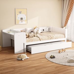 Flieks Kinderbett 90x200cm mit Ausziehbett, Einzelbett Holzbett mit Schreibtisch und Regal, Klassisches Bett für Kinderzimmer, Weiß