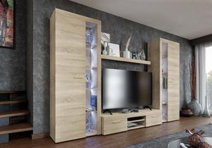 Aktion SALE!!! FURNIX Mediawand RIVAY XL Wohnwand 4-teilig, Vitrine, TV Schrank, Highboard 300 cm für Wohnzimmer klassisch modern Eiche Sonoma