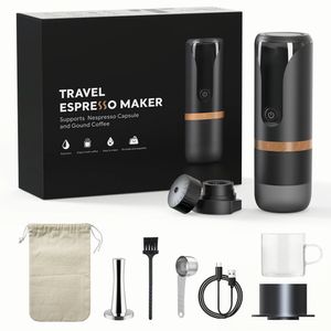 Tragbare Espressomaschine, 9 Bar Druck, wiederaufladbar, 2-in-1, kleine Reisekaffeemaschine, kompatibel mit Nespresso-Kapseln, gemahlener Kaffee