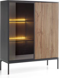 Vitrine Highboard Schrank 2-türig geriffelte und Glas Fronten LED-Beleuchtung SENTINO 104 cm Schwarz + Eiche Wotan