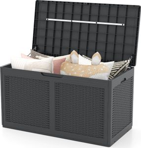 COSTWAY 380 L Gartenbox mit Rollen, Deckel & Rattanstruktur, Auflagenbox wasserdicht Aufbewahrungsbox Gartentruhe Grau